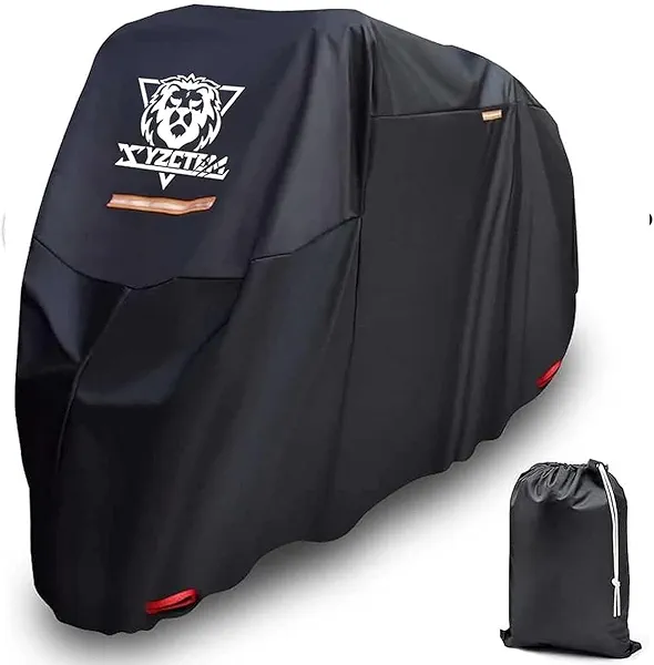 XYZCTEM Motorcycle Cover -Waterproof Outdoor Storage Bag, Made of Oxford Material, Fits up to 116" Harley Davison and All Motors (Black& Lockholes& Professional Windproof Strap)