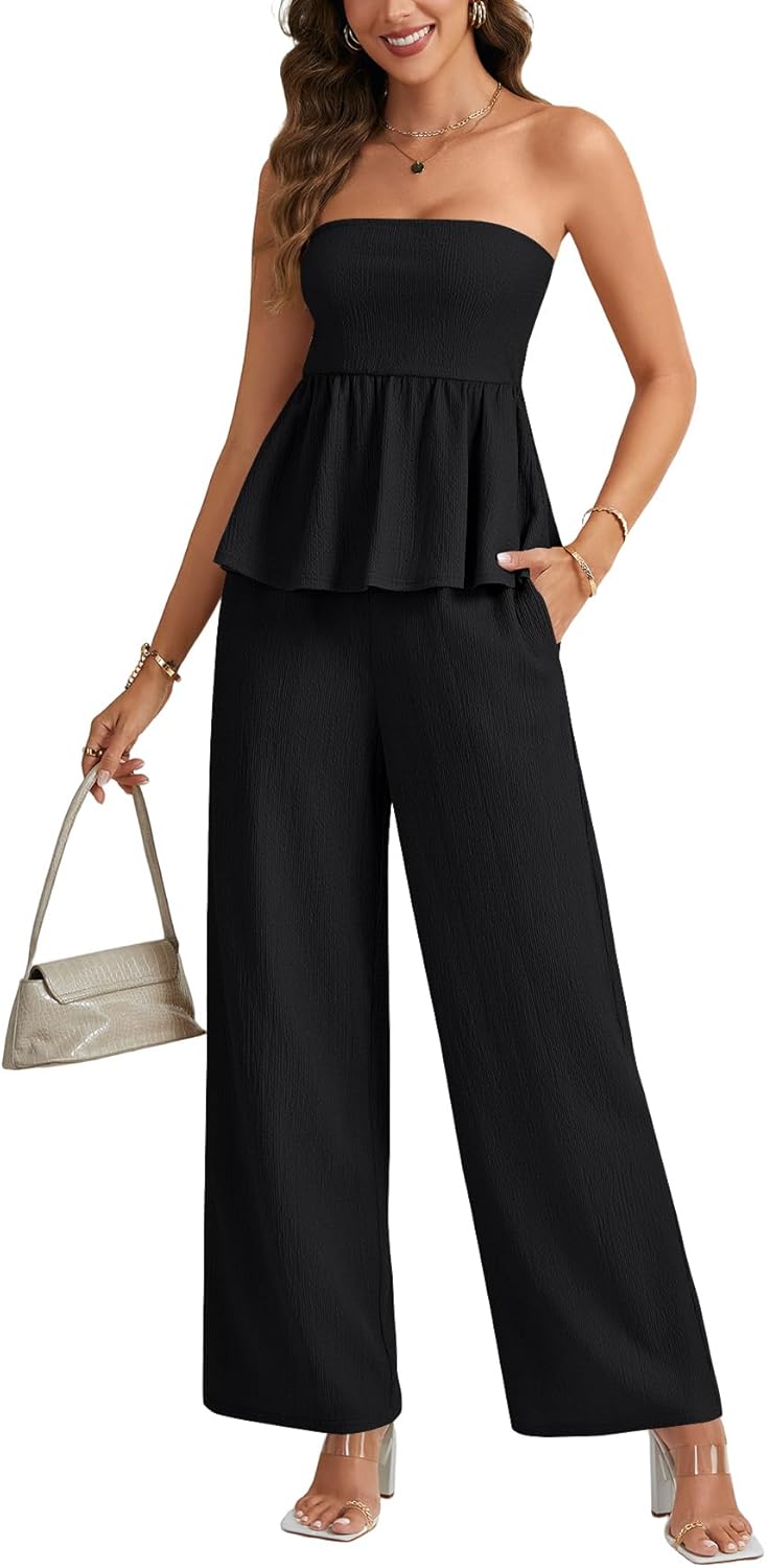LYANER Women's 2 Piece Outfits Ruffle Hem Tube Top and Wide Leg Pant Sets Suit with Pocket - Image 3