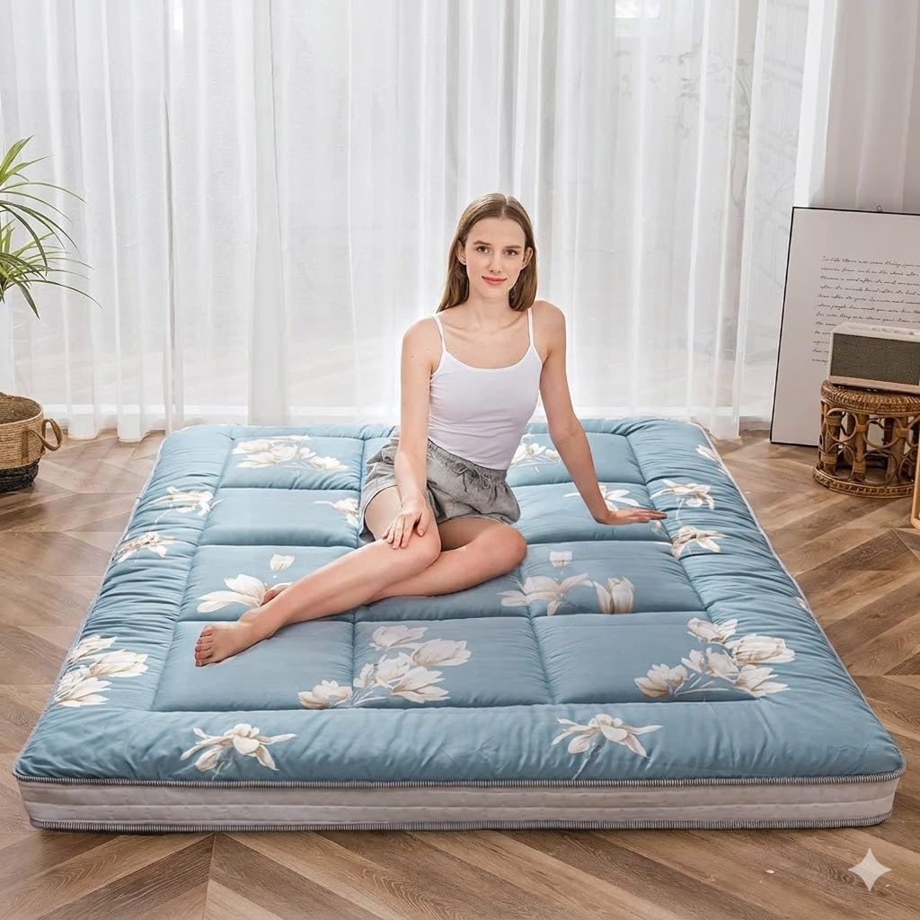 MAXYOYO Futon Matratze - gepolsterte japanische Bodenmatratze Gesteppte Klappbett Baumwolle Topper - atmungsaktive Boden Bett Tatami Matte Bodenliege Gästebett (Magnolie, 90 x 190 cm)