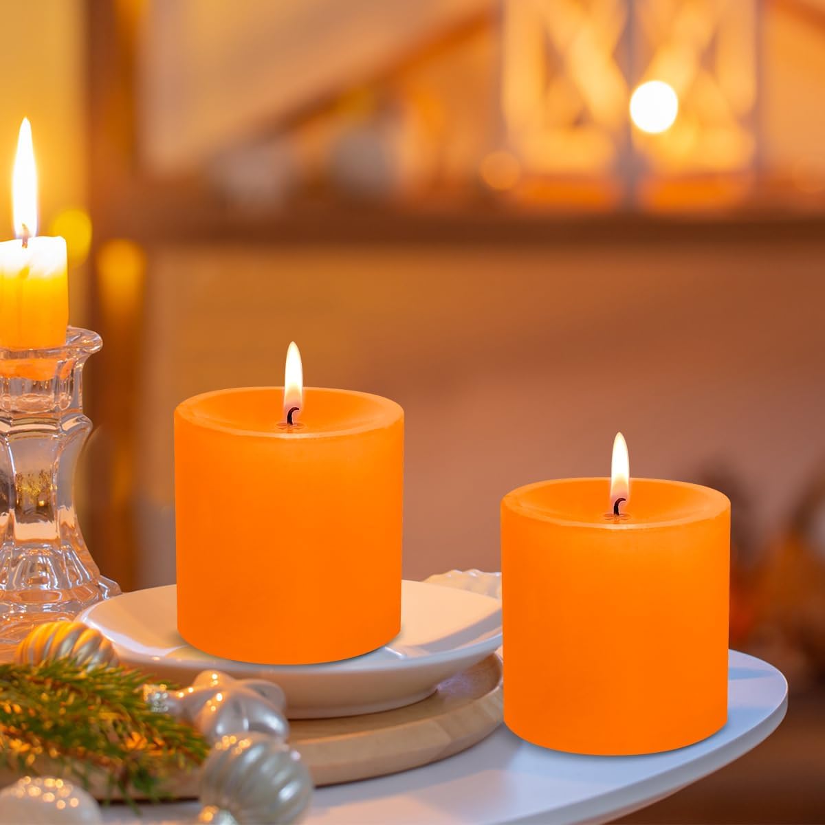 Set of 3 Unscented 3x3 Inch Orange Pillar Candles, Dripless Solid Fall Colored Autumn Harvest Column Candles for Halloween, Thanksgiving Day, Home Party, Holiday Celebration, 40 Hour Burning