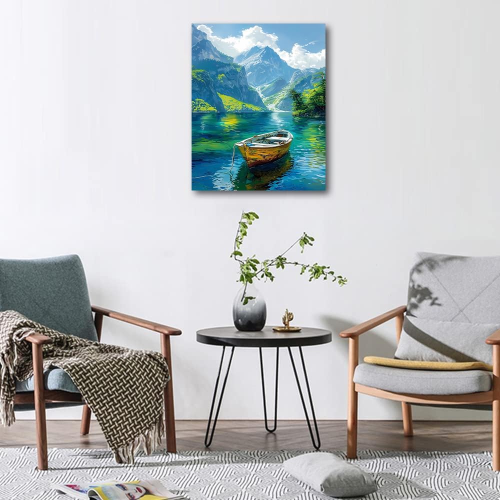 High Mountain Paint by Numbers for Adults Beginner, Green and Blue Small Boat on the River Acrylic Painting by Number Kits Scenery DIY Art Craft Kits Suitable for Home Wall Decor With Frame 16x20 Inch