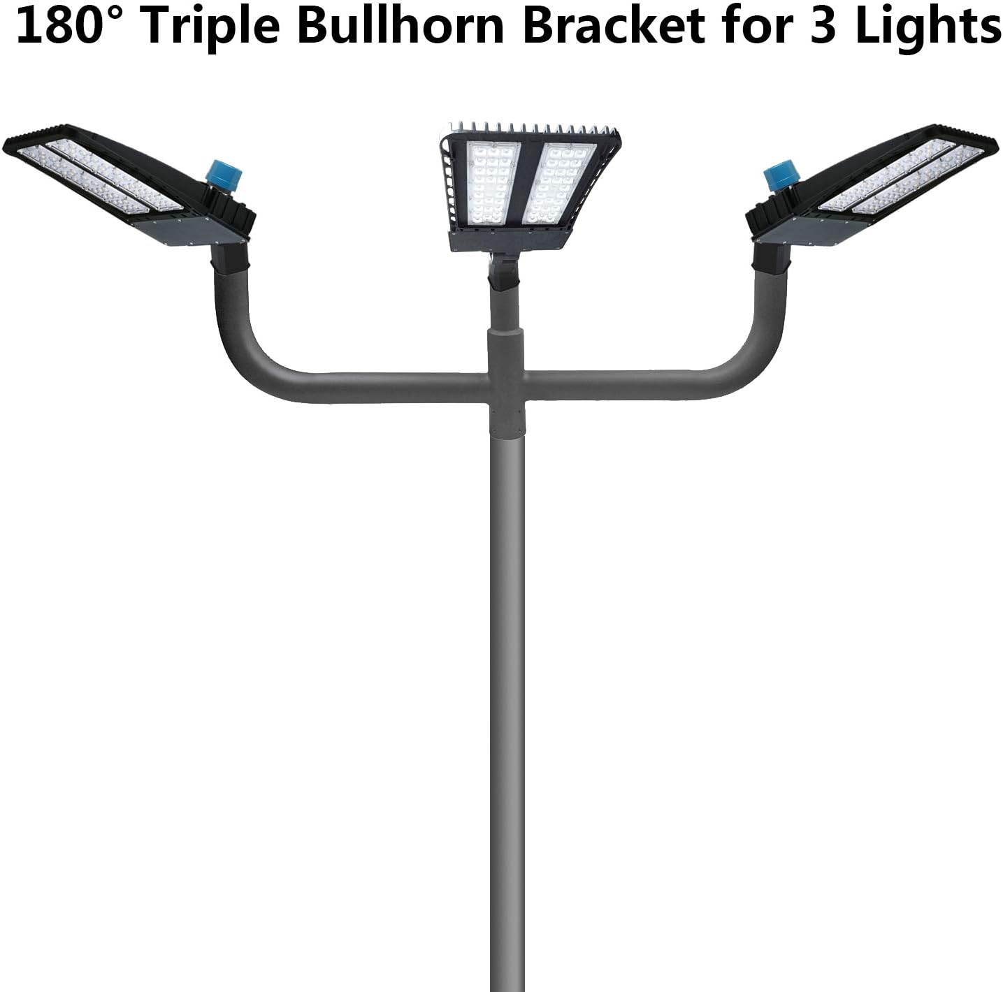 1000LED 180 Degree Triple Bullhorn Mounting Bracket for 3 Lights, 2.7 Inch Round Pole, LED Shoebox Street Light, Flood Light Mounting Accessories.