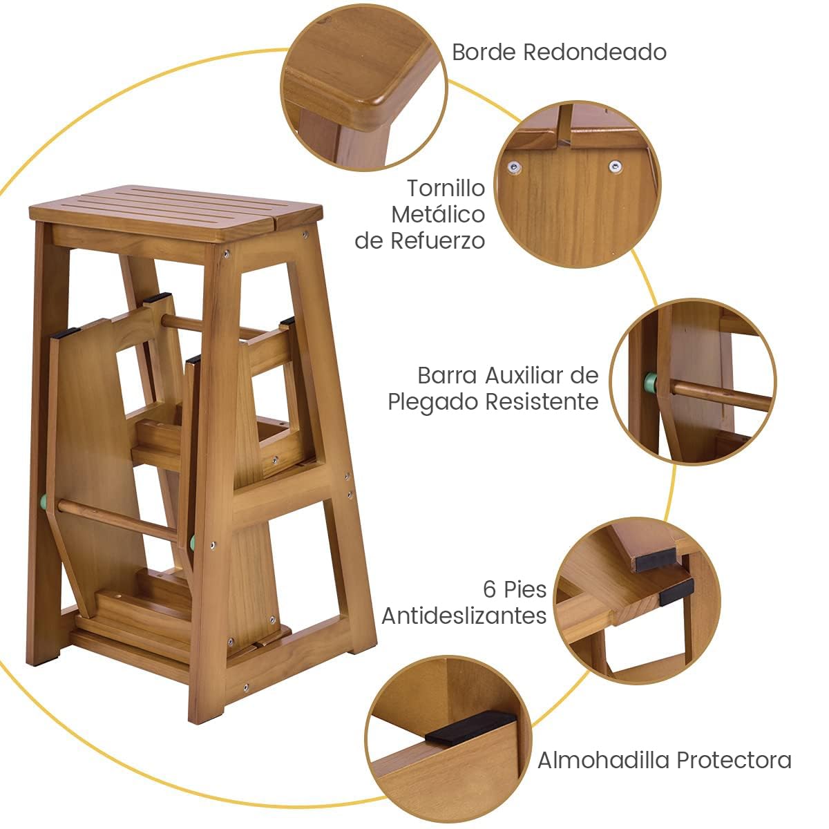 RELAX4LIFE 2 en 1 Taburete Plegable de 3 Peldaños de Madera de Pino, Taburete Escalera Multifuncional con 6 Almohadillas Antideslizantes para Cocina, Dormitorio y Tienda, 38,5x57x66cm (Marrón Claro)
