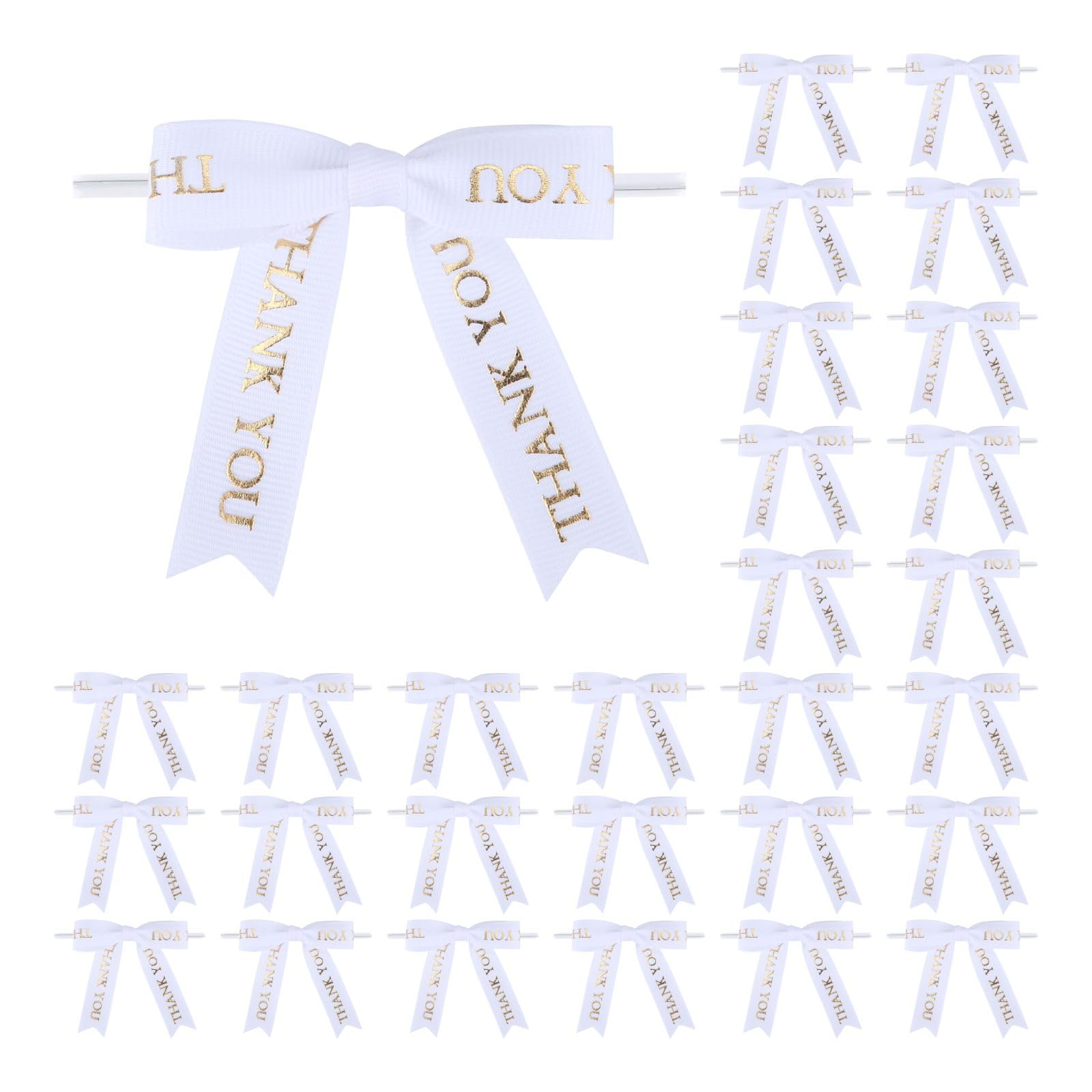 Meseey 30 Pcs Thank You Gold Printed Ribbon Bows 2.5 Inch Twist Tie Crafts Small Bows for Gift Wrapping