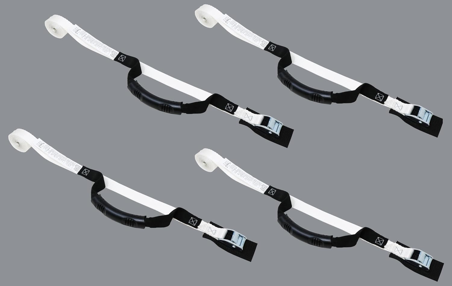 Kayak-Paddleboard Straps with Handle, 4-Pack, Durable Polyester Tie-Down Webbing, 1-Inch X 15 feet in Length, 1,050 Lb. Break Stength, Protective Pad Sewn Under cam-Buckle for Extra Protection, White