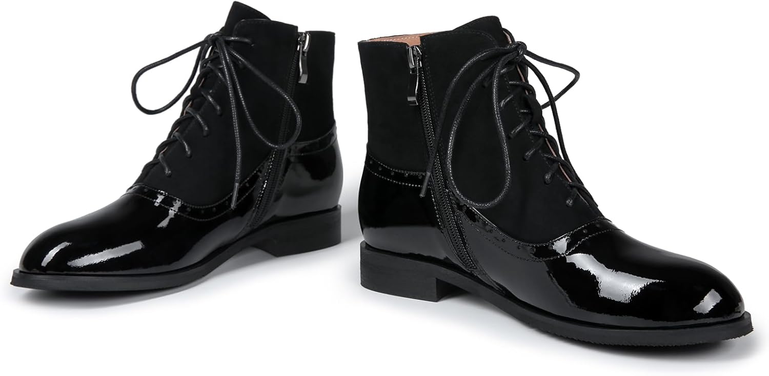 Women's Leather Ankle Boots Low Heel Oxford Flat Short Boots Perforated Lace Up Side Zipper Booties