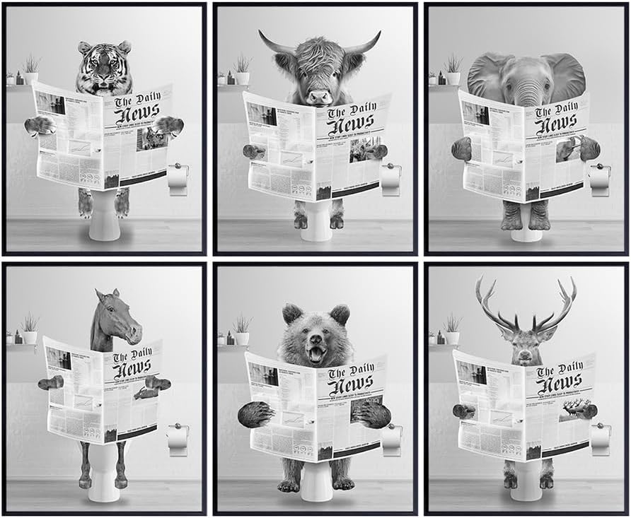 Funny Animal Bathroom Wall Decor - Bathroom Decorations - Bath Accessories - Gray Guest Bath Wall Art for Women Kids Men - Cute Powder room Restroom Sign - Restroom Decor 8x10 UNFRAMED