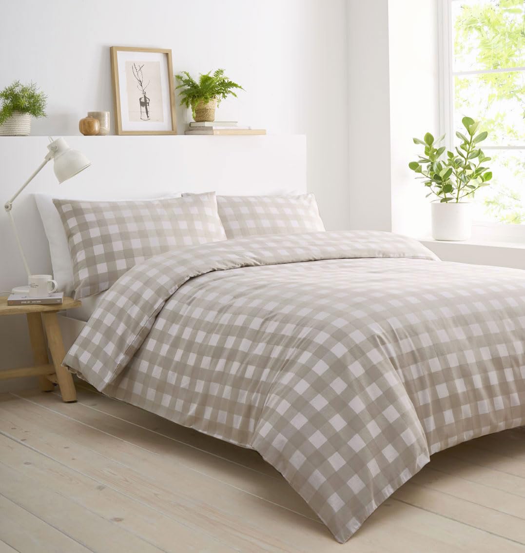 Homemaker Bedding Natural Gingham Check Duvet Set, Quilt Cover Pillow Cases, Polycotton (, Single)
