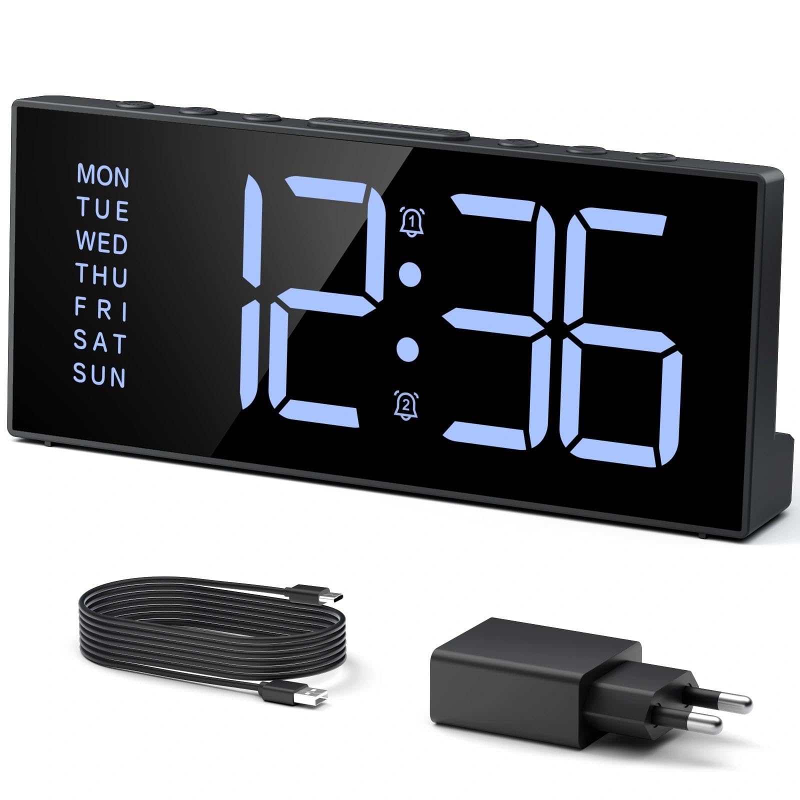 LATEC Despertador, Despertador Digital 7" Pantalla Grande con Dual Alarma, 5 Niveles Brillo, Cargador USB para Hogar/Oficina