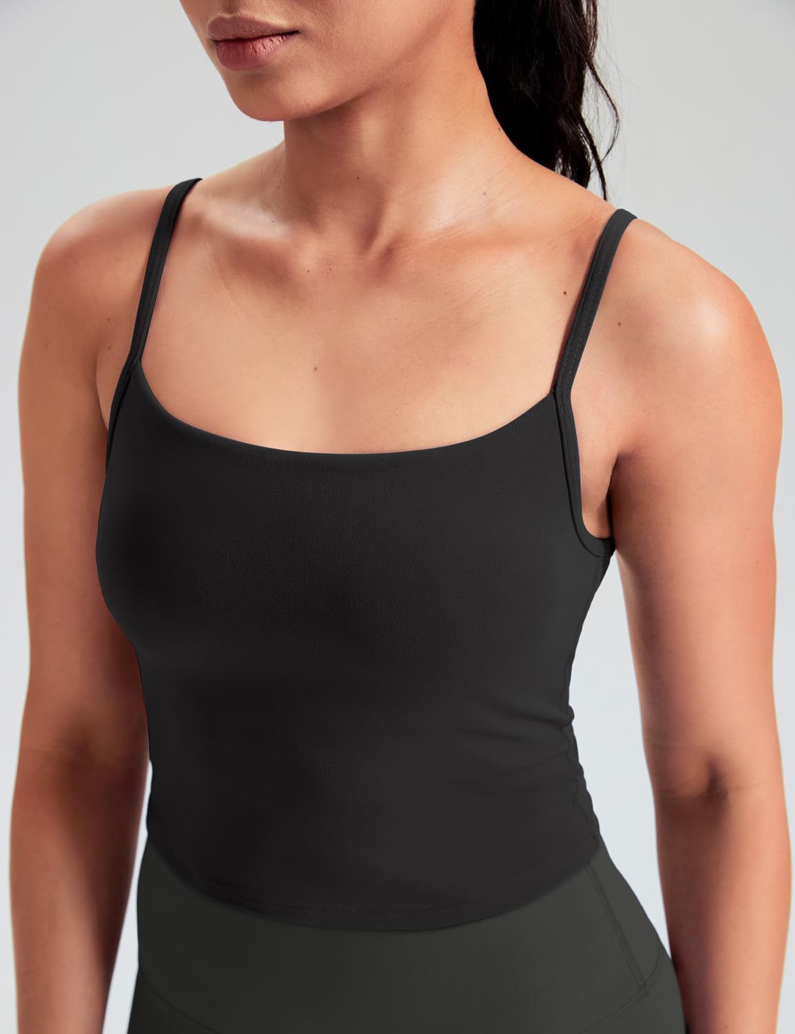 HeyNuts Cropped Cami Tank Top for Womens, Square Neck Spaghetti Strap Low Impact Yoga Longline Sports Bras Padded A-C Cups - Image 4