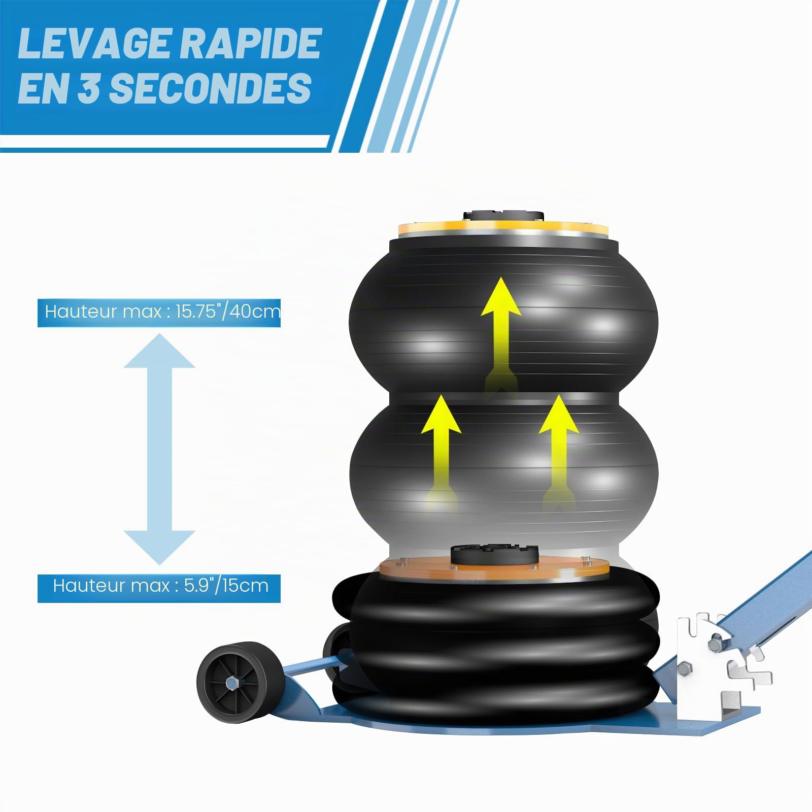 Larbanke Cric pneumatique, 3 tonnes/6600 lbs - Cric à 3 sacs gonflables avec colonne surélevée, avec tube d'air protégé par ressort, hauteur de levage jusqu'à 40 cm, avec poignée longue réglable