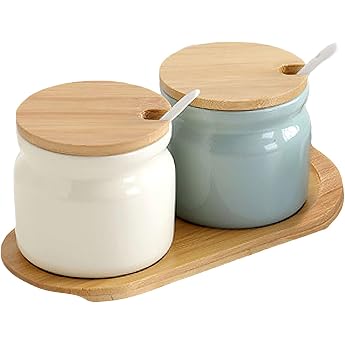 Ceramic Spice Jars Set of 2 Spice Containers Sugar Bowl with Bamboo Lid Spoon and Tray 300 ml Spice Jar Salt Jar Storage Salt Spices and Sugar for Kitchen and Dining Table 8 x 8 cm