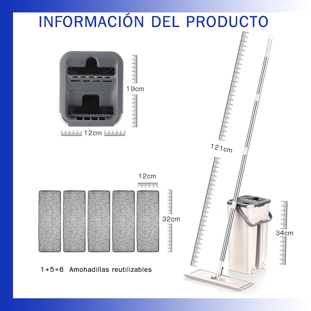 Mopa para Limpiar Azulejos y Paredes Mopa Fregona con Cubo Escurridor Fregona Autoescurrible Mopas de Limpieza Suelos Mop Bucket Set 6 Almohadillas Microfibra Gamuza Trapeador (Beis)