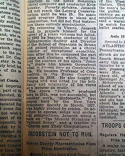 Leos Janacek Czech Musical Composer & Jenufa Opera Fame Death 1928 Old Newspaper The New York Times, August 14, 1928 #TOP3