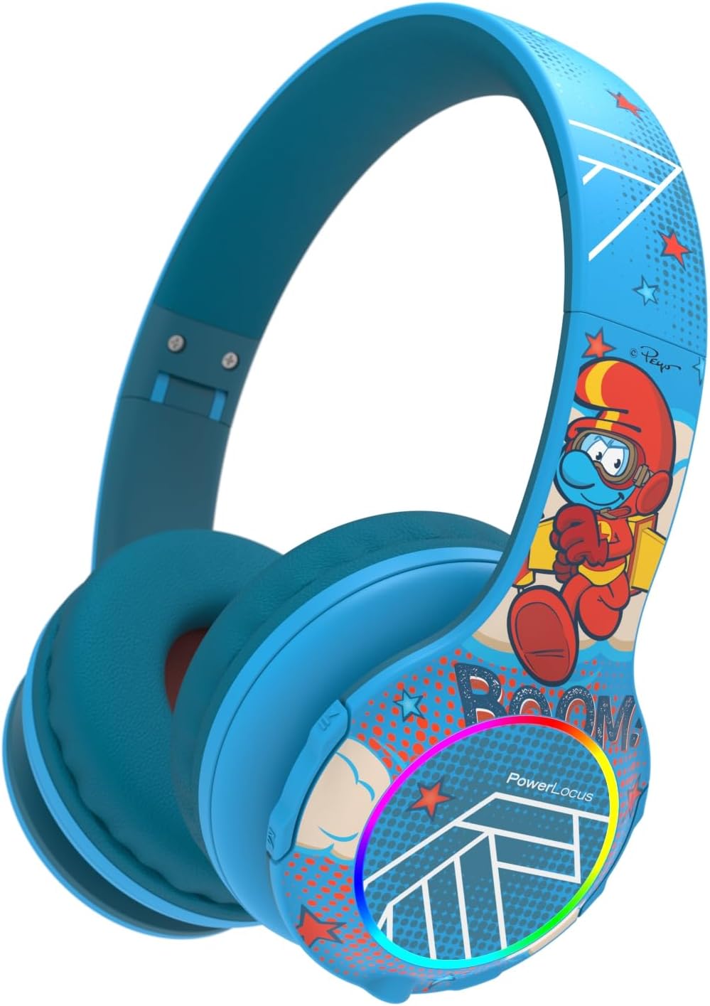 PowerLocus The Smurfs Kids Headphones, Bluetooth Headphones Over Ear for Kids LED Lights, 74/85/94dB Safe Volume Limit, Micro SD/TF, Foldable with Hi-Fi Stereo,Built-in Mic for School/Tablet/Travel/TV