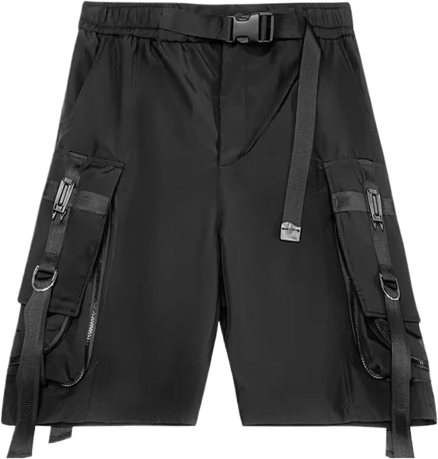 Multi-Pockets Ribbons Hip Hop Cargo Shorts Mens Tactical Wide Leg Loose Short Pants