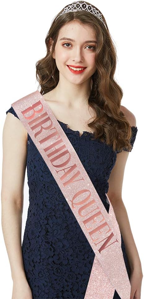Birthday Queen Sash & Rhinestone Tiara - Rose Gold Birthday Gifts Glitter Birthday Sash Birthday Party Favors