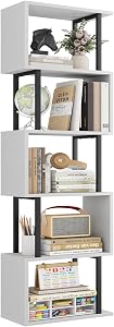 Gadroad 5-Tier Bookshelf, Narrow S-Shaped Geometric Bookcase, Wood Decorative Storage Shelving, Modern Freestanding Display Shelves, Book Shelf Unit for Living Room Bedroom Home Office, White