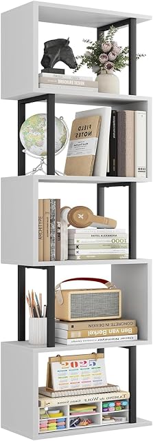 Gadroad 5-Tier Bookshelf, Narrow S-Shaped Geometric Bookcase, Wood Decorative Storage Shelving, Modern Freestanding Display Shelves, Book Shelf Unit for Living Room Bedroom Home Office, White