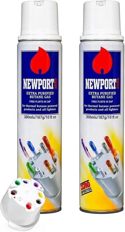 Newport Zero Recarga de combustible de butano, líquido para encendedor ultra refinado de 300 ml, casi cero impurezas, recarga universal para encendedor con 8 puntas adaptadoras y 2 pedernales adicionales para antorchas de cocina, encendedores recargables