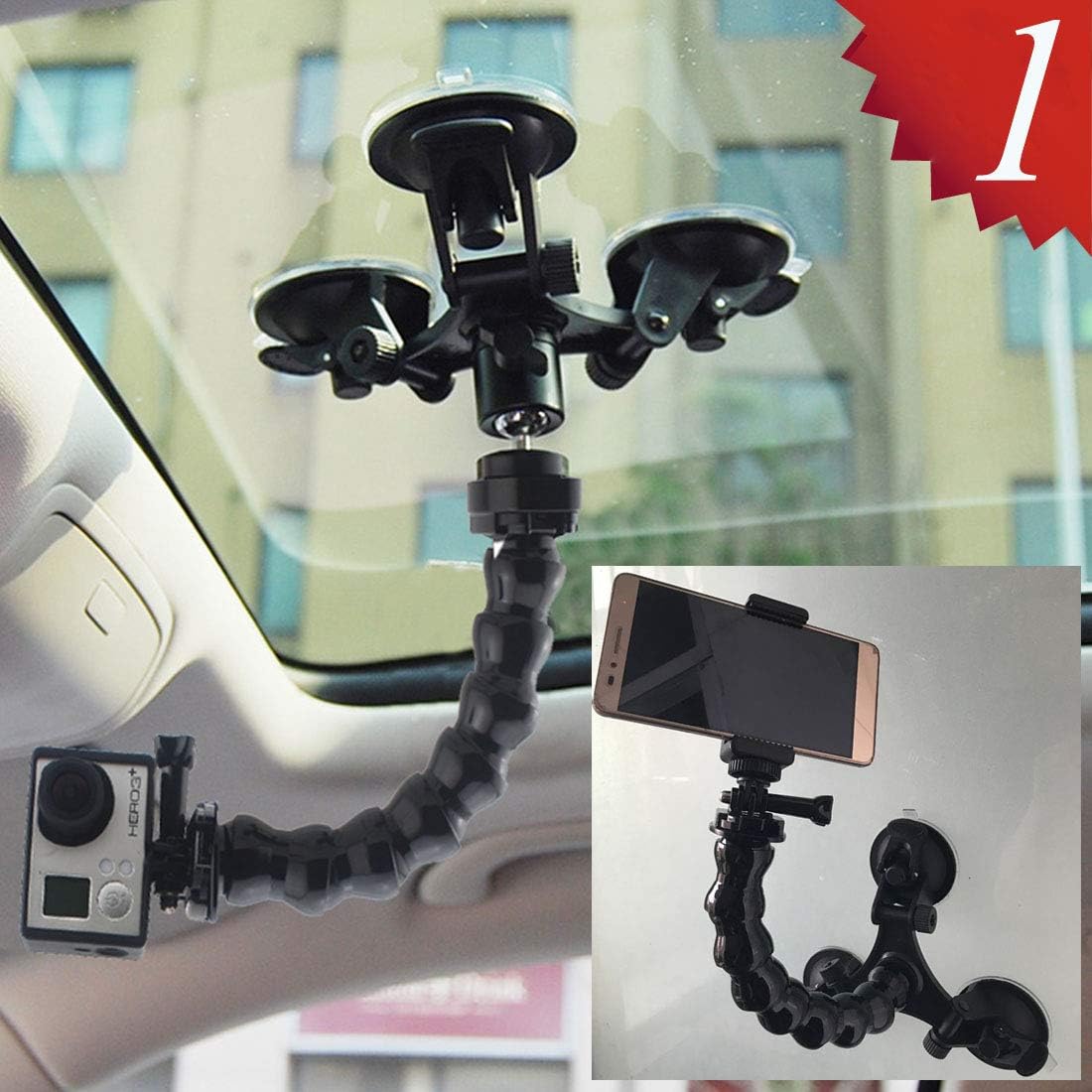 GreatCool Suction Cup Car Mount Holder with 360 Degree Mount+Jaws Flex Clamp Mount with Adjustable Gooseneck Accessories for Compatible with GoPro Fusion Hero Session Action Camera and Cell Phone