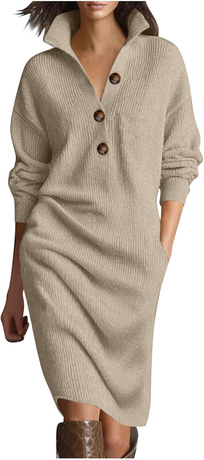 Womens Cable Knit Midi Sweater Dress Button Up Long Sleeve Turtleneck Collared Pullover Solid Tunic Sweater with Pocket