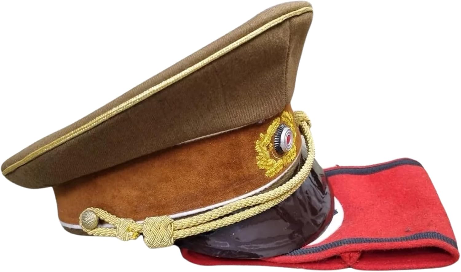 German Visor Cap, General Wehrmacht WW2 Field Brown - Authentic Captain Hat with Aram Band