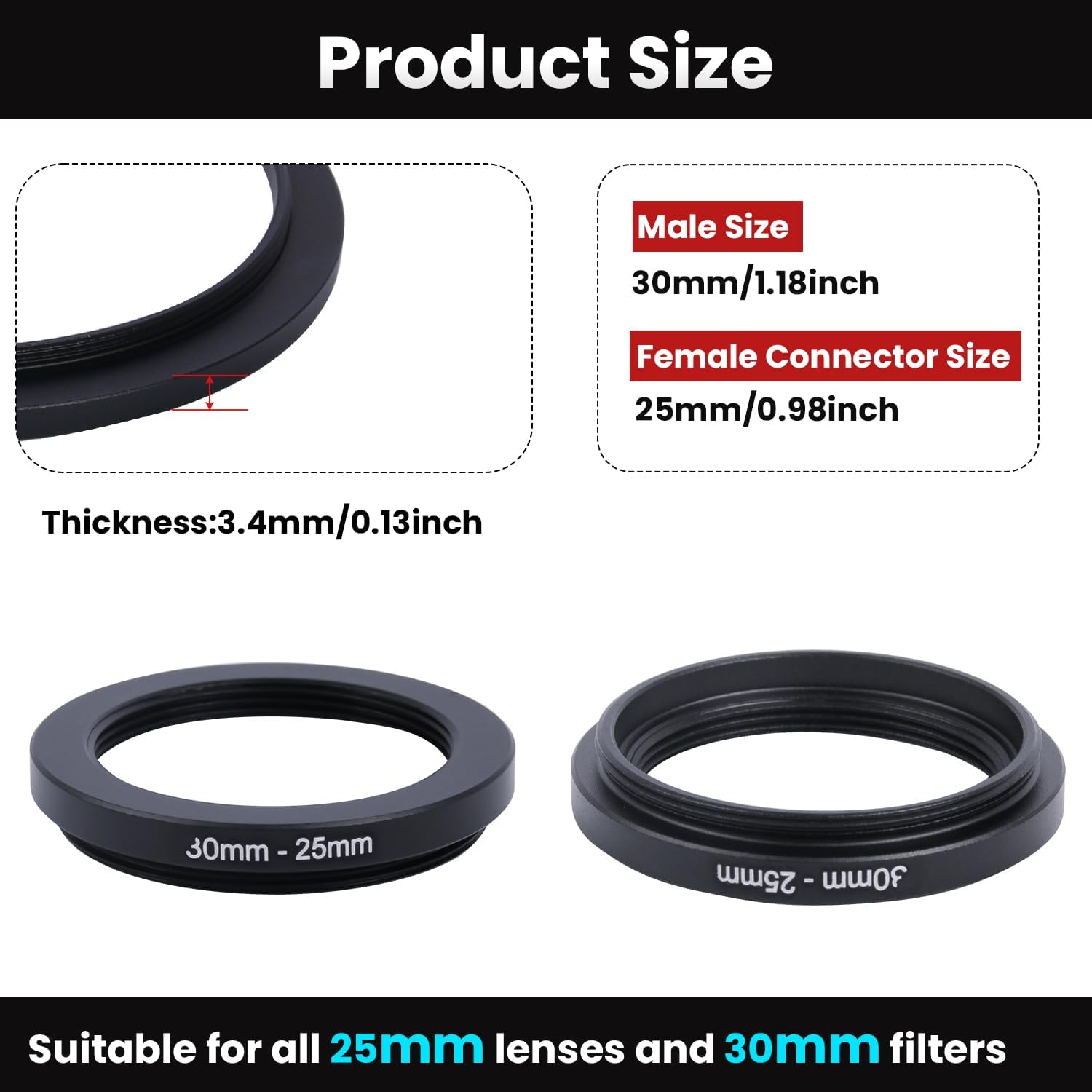 Metal Step Down Ring Filter Adapter - 30mm to 25mm - Metal Ring Step Down Rings Adapter Filter Compatible with All 25mm UV, CPL, ND, Lens Hood, Threaded Lens ect