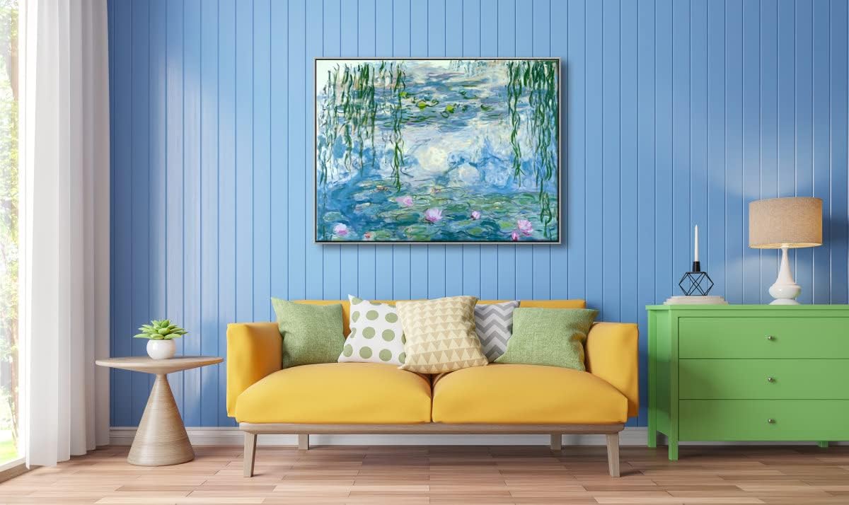 Wieco Art Large Silver Framed Canvas Print Water Lilies by Claude Monet Paintings Reproduction Modern Abstract Canvas Wall Art for Home and Office Decoration Artwork