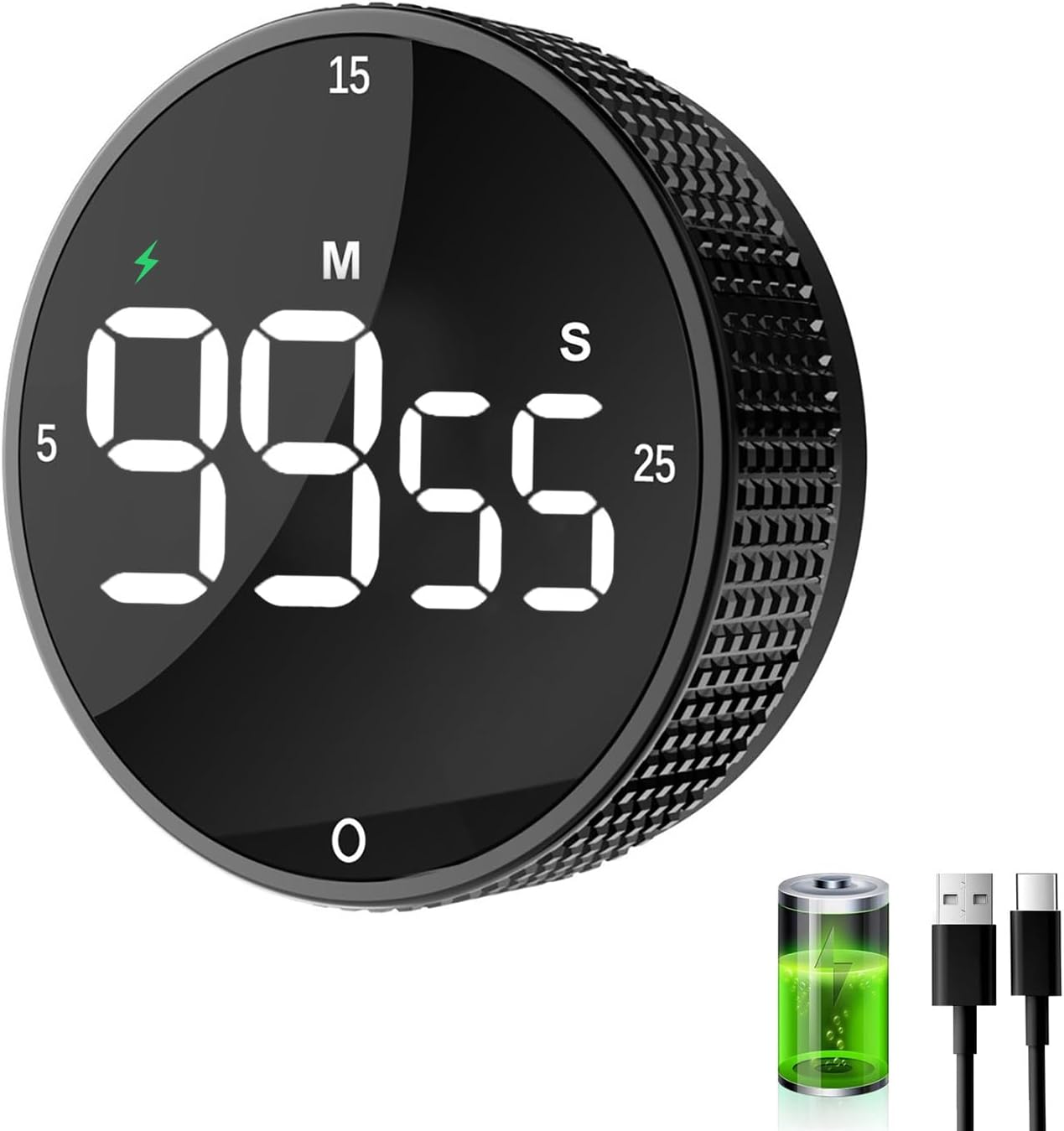 Rechargeable Magnetic Kitchen Timer, LED Countdown/Count-Up Timer, Supports USB-C Charging, with Loud Alarm, 3 Preset Quick Times (5/15/25m), Perfect for Kitchen Cooking, Studying, and Fitness