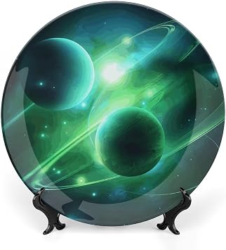 Bone China Decorative Plate Green Light Planet Ceramic Decorative Plate with Display Stand Ceramic Wall Art Decor for Home Office Wall Decoration 7inch