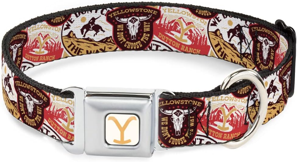 Paramount Network Pet Collar, Dog Collar Metal Seatbelt Buckle, Yellowstone Patches Stacked Browns Reds Yellows, 15 to 24 Inches 1.0 Inch Wide