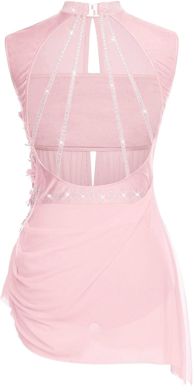 Vxuxlje Women's Figure Skating Dance Dress Applique Backless Ruched Tulle Skirted Leotard Dancewear