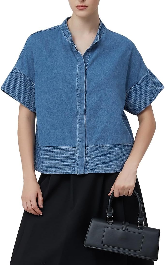 D-Sun Women Denim Shirts Short Sleeve Summer Button Down Denim Tops Business Casual Loose Jean Blouses