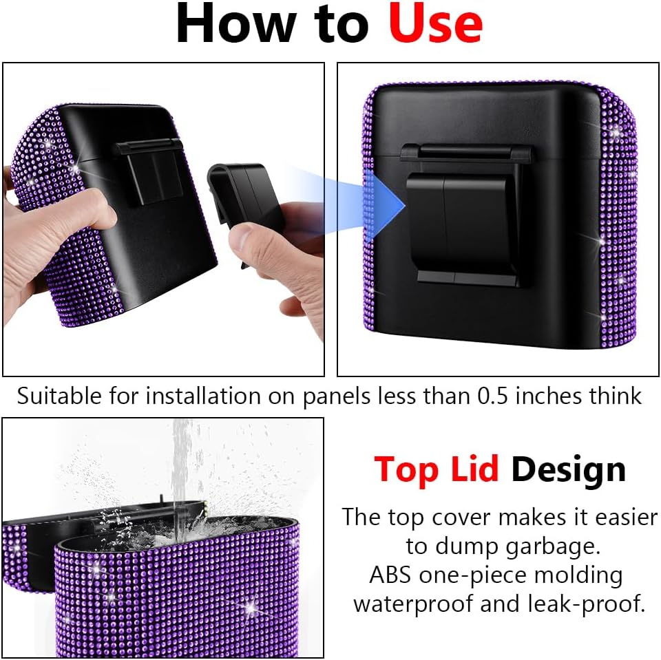 eing Car Trash Can with Lid, Mini Vehicle Trash Bin Car Dustbin Garbage Organizer,Bling Crystal Automotive Garbage Can Bin Trash Container for Auto Cars, Home, Office,Purple