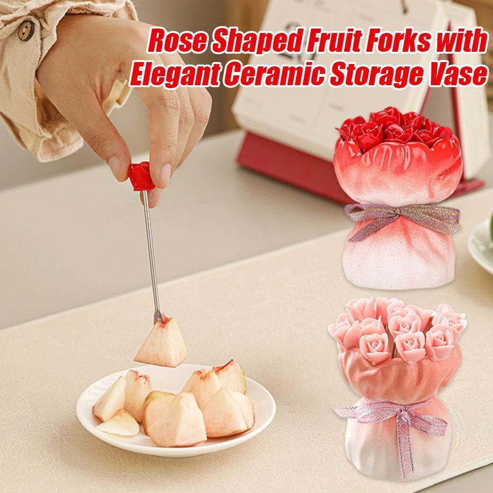 Juego de tenedores de frutas, 12 tenedores de postre de acero inoxidable en forma de rosa con elegante jarrón de almacenamiento de cerámica, tenedores novedosos para cocina, fiesta, comedor