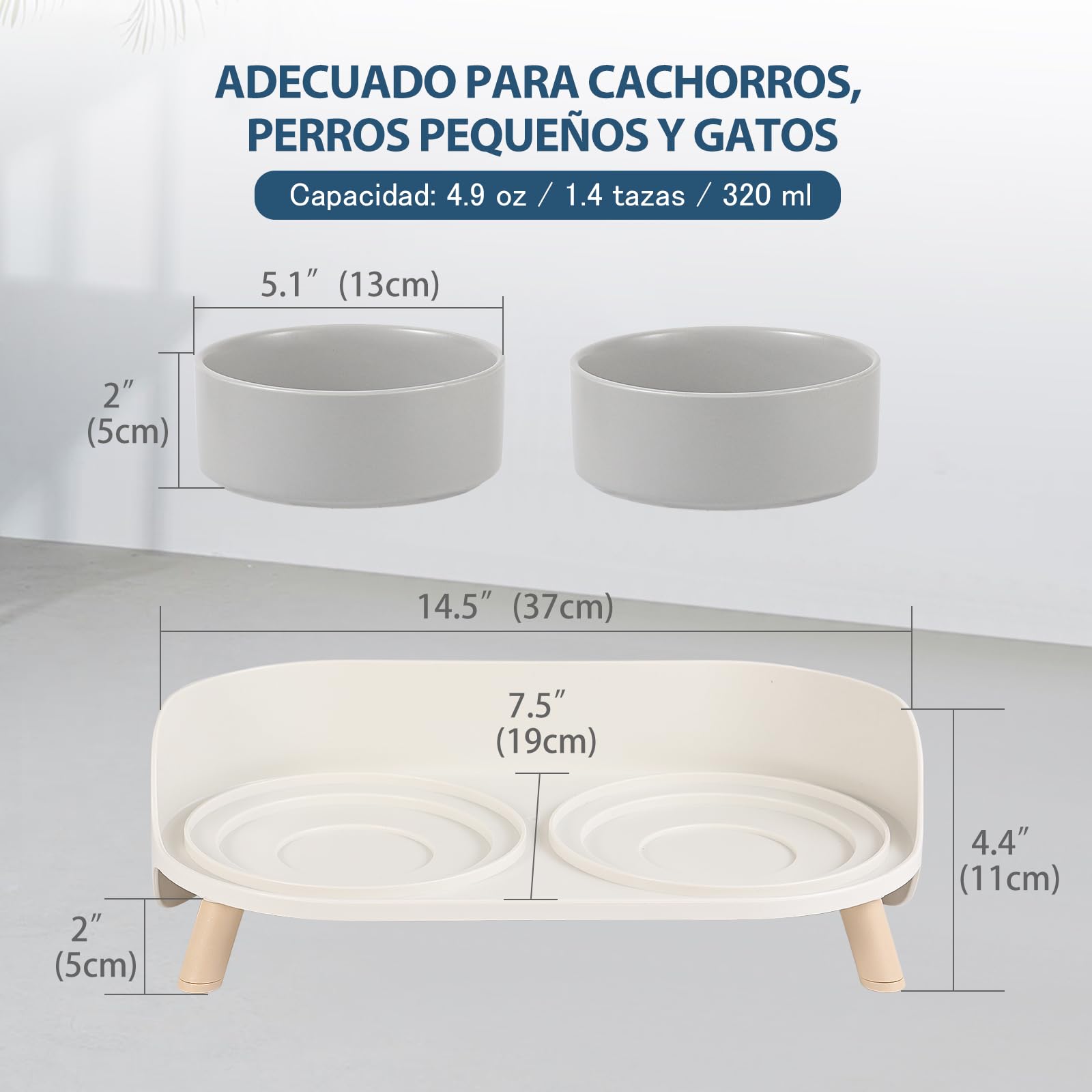 Comedero y Bebedero Elevado para Perros - Cuencos Dobles de Cerámica con Soporte Antisalpicaduras para Comida y Agua - Ideal para Gatos y Perros Pequeños - 2 x 320 ml - Gris