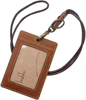 Boshiho Vertical Style Cowhide Leather ID Card Badge Holder with Heavy Duty Lanyard (Crazy Horse Leather)