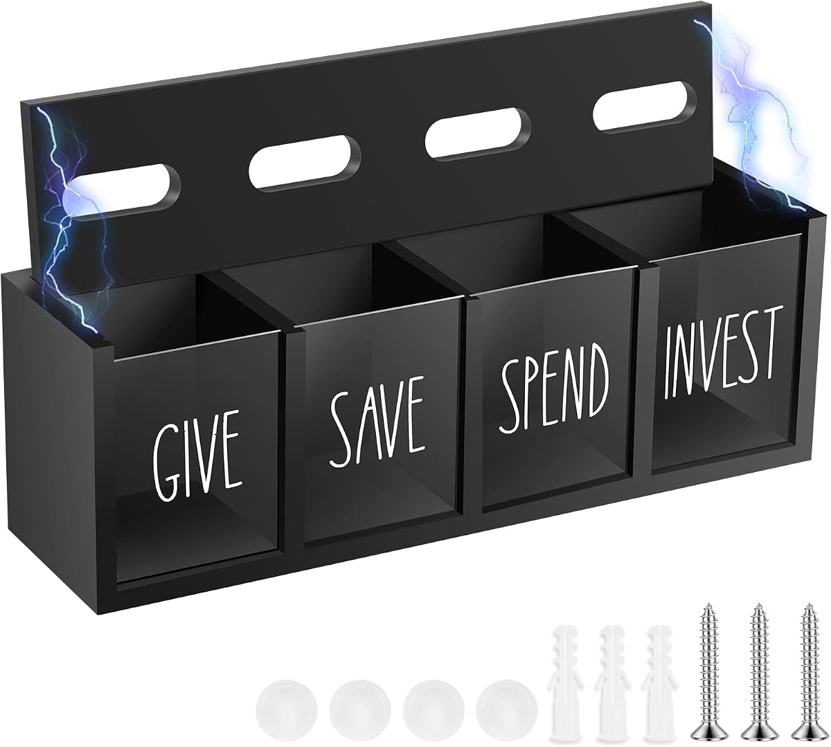 Wooden Give Save Spend Invest Money Box, Visual Piggy Bank with Wall Mount Option, Financial Education Tool for Home, Living Room & Laundry, Cash & Coin Organiser (Black)