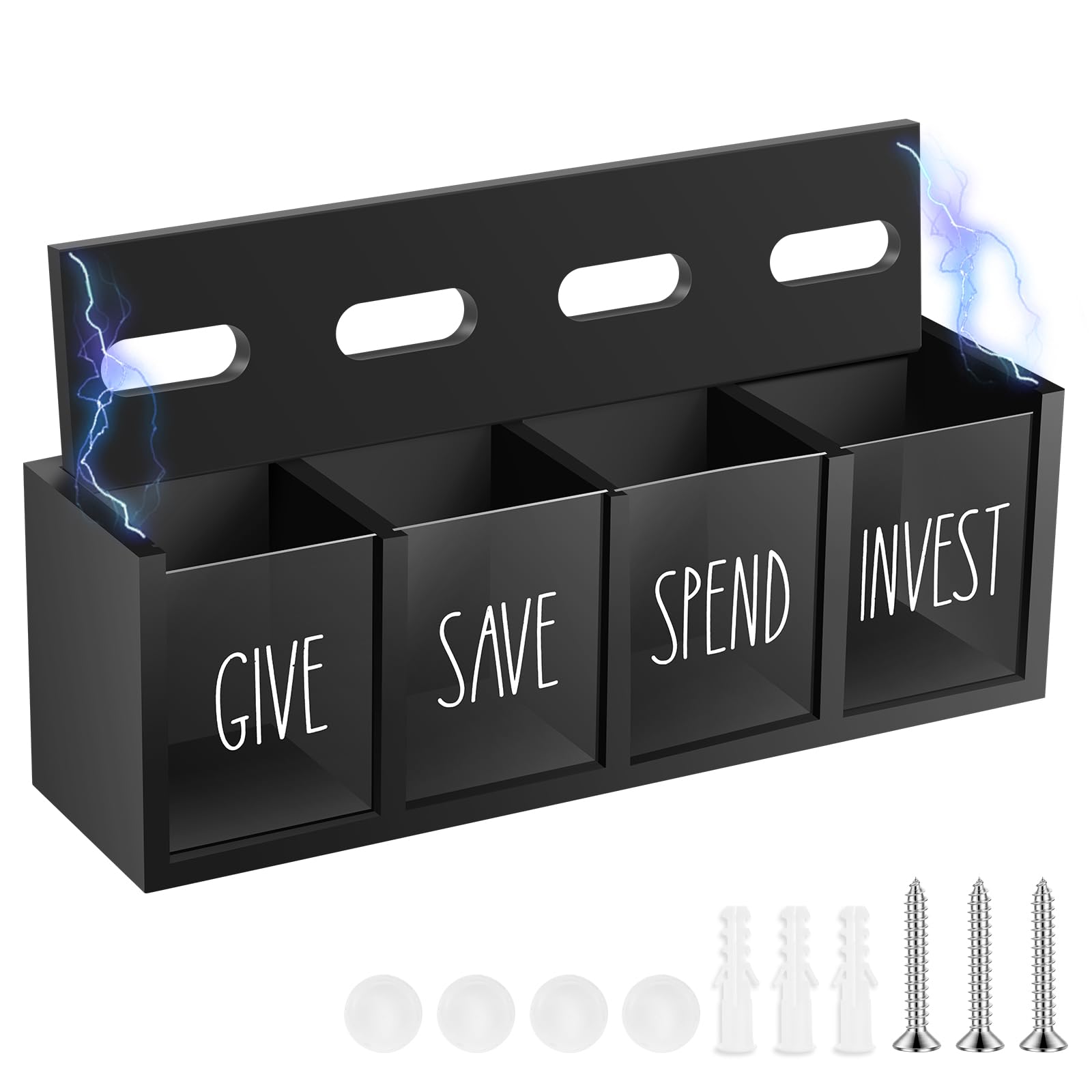 Wooden Give Save Spend Invest Money Saving Box, Visualized Money Saving Bank, Wooden Daily Cash Piggy Bank, Visualized Coin Jar, Countertop Wall Mount for Living Room Laundry Room(Black)