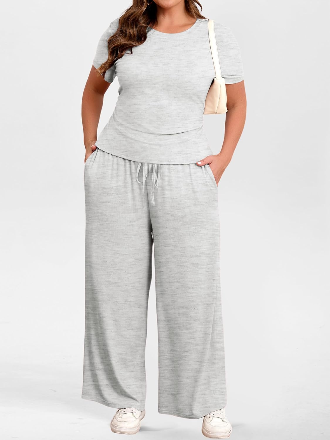 Chulianyouhuo Women Plus Size 2 Piece Set Outfits Matching Lounge Sets Ruched Short Sleeve Tops Wide Leg Pants Tracksuit Sets