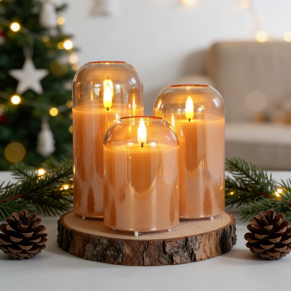 Rechargeable Glass Jar Flameless Candles, Realistic Flickering LED Pillar Real Wax Candle with Remote and Timer,LED Candles Warm Color Flickering Light for Festival Home Party Decor(Pack of 3)-Gold