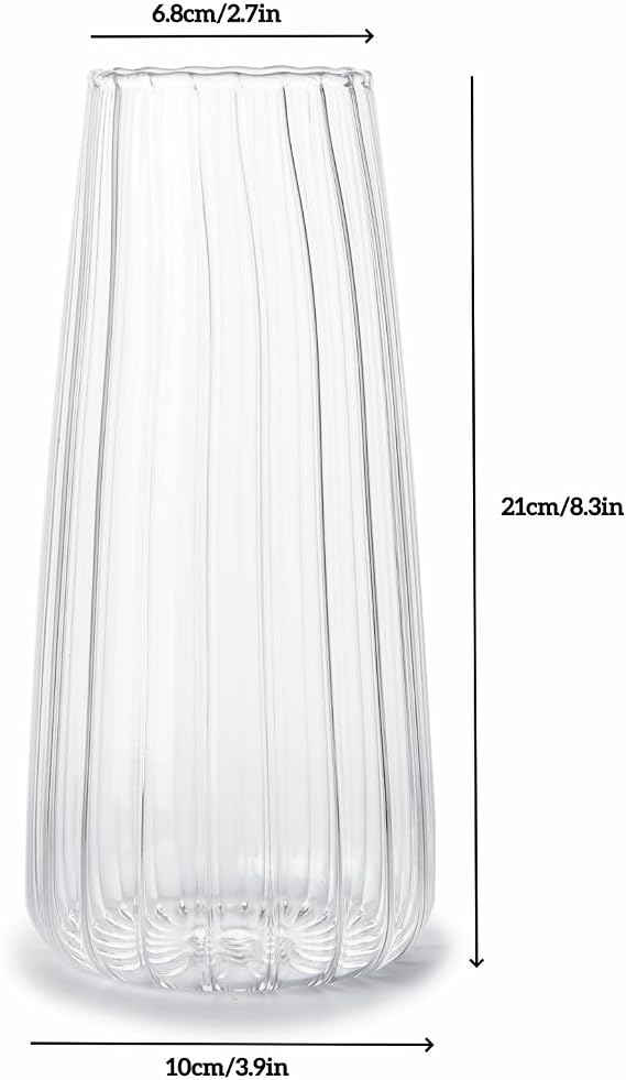 Clear Glass Vase for Flowers, Ribbed Flower Vase for Home Decor, 8.3in H