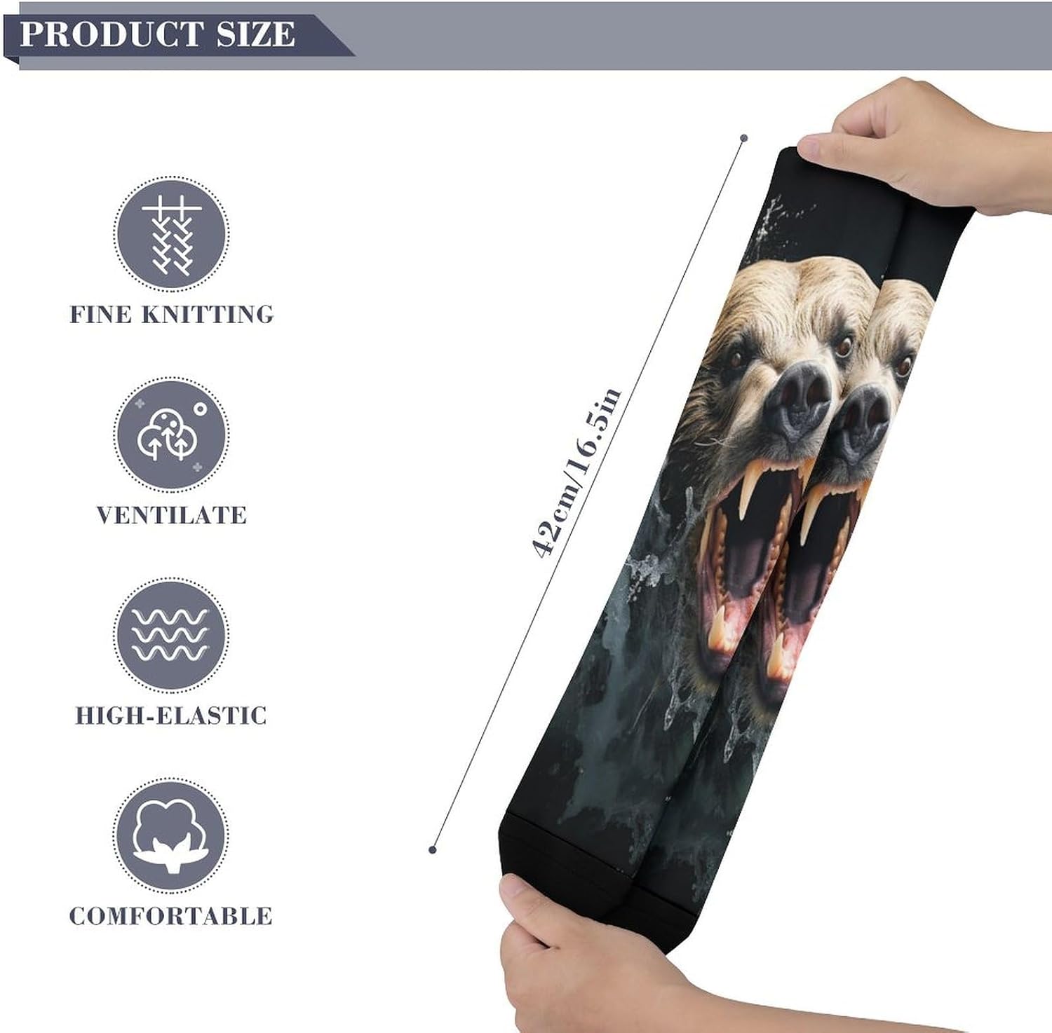 Knee High Socks Bear Holding Fish Long Tube Boot Seamless Toe