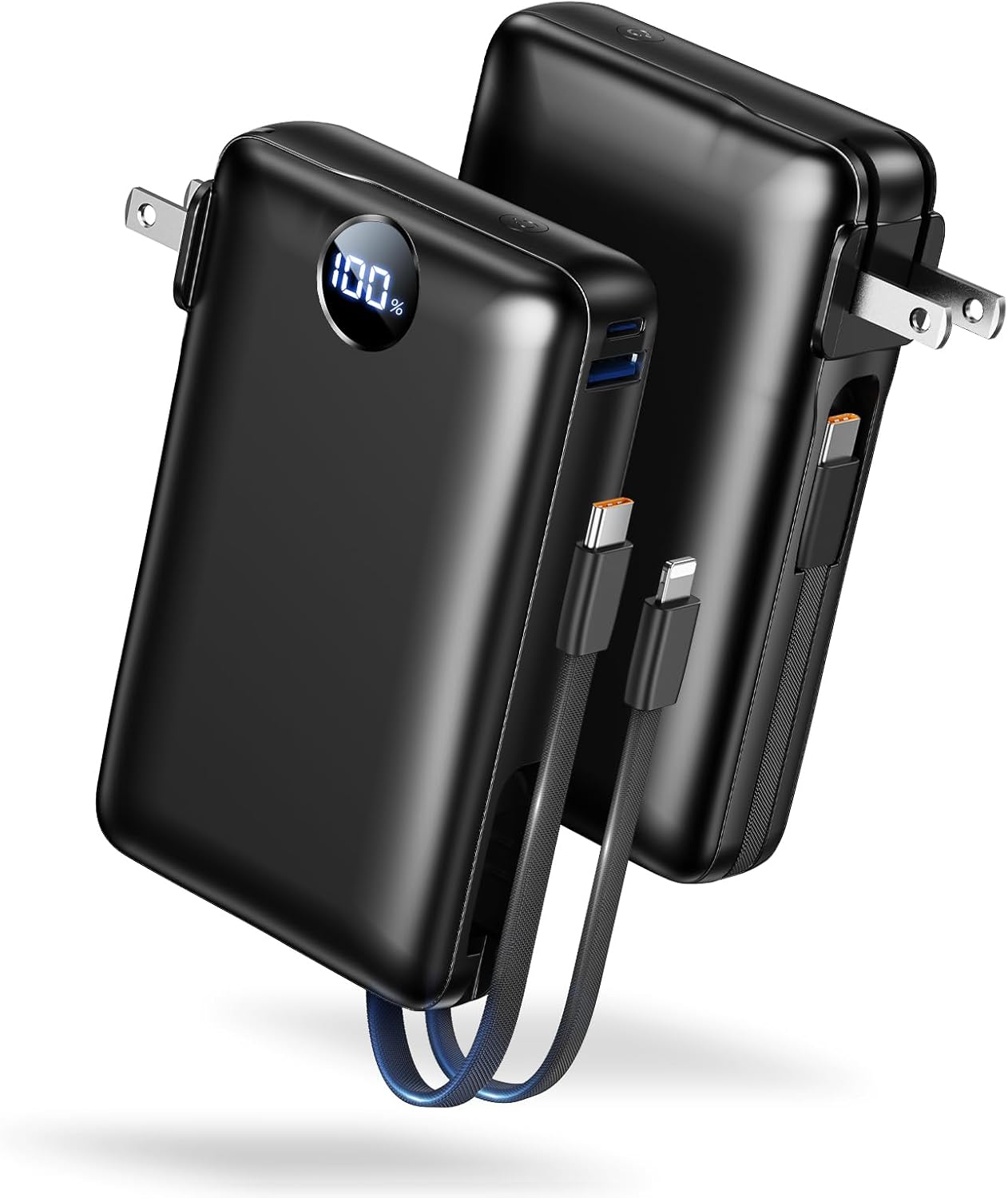 Portable Charger with Built-in Cables & Wall Plug, 50000mAh Power Bank, 4 Outputs 22.5W USB C Fast Charging, Slim Travel Battery Pack with LED Display for iPhone 17/16/15/14, Dark