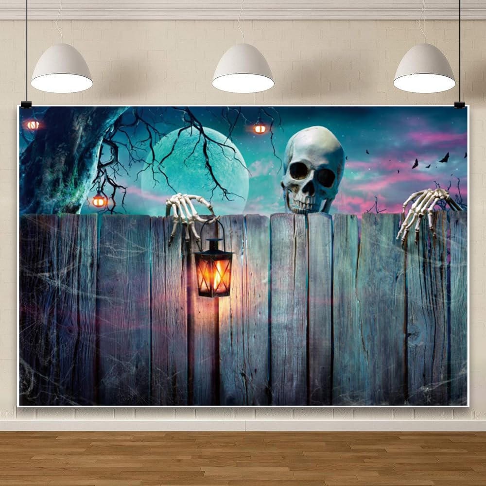 ChloropLastid 10x8ft Halloween Backdrop: Skull Heads, Spider Web, Spooky Lantern - Blue Vinyl