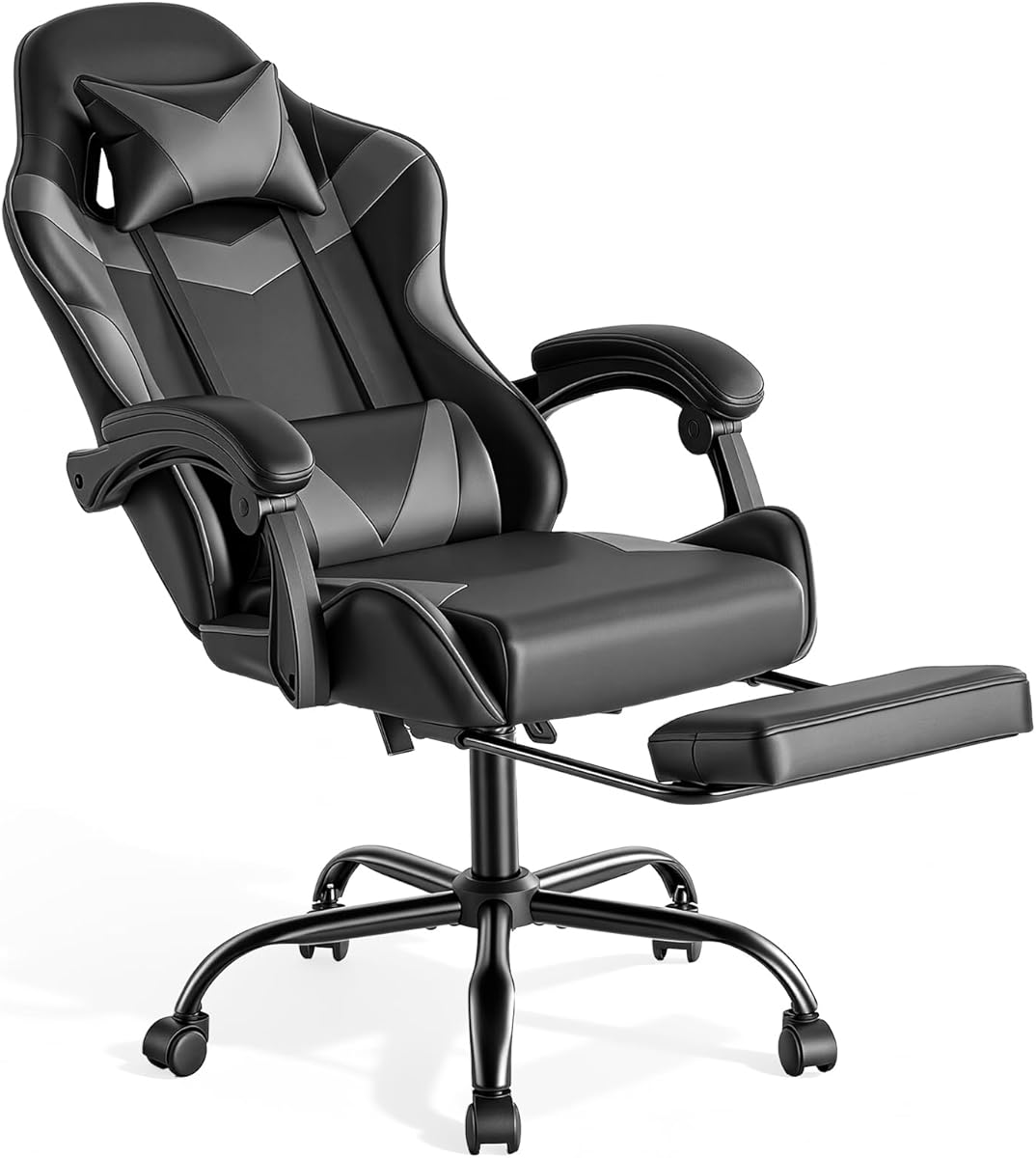 Sweetcrispy Gaming Stuhl, Gaming Chair mit Fußstütze Kopfstütze Lendenwirbelstütze, Ergonomischer PC Stuhl, Höhenverstellbarer Bürostuhl Computerstuhl,Drehbarer Schreibtischstuhl, Modernes Grau