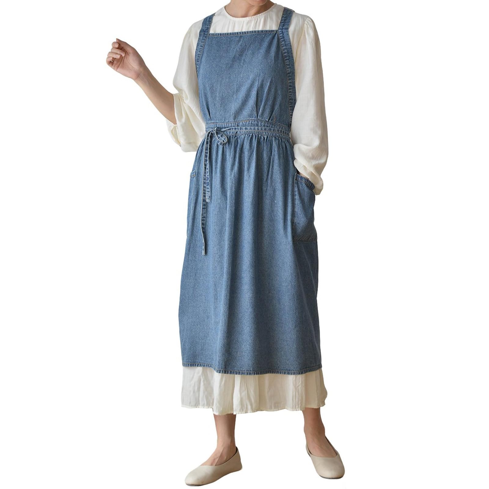 Grembiule In Denim 100% Cotone per Donna, Grembiule In Jeans Regolabile con Incrocio Sulla Schiena per Cucinare, Giardinaggio, Arte, Caffè, Lavoro