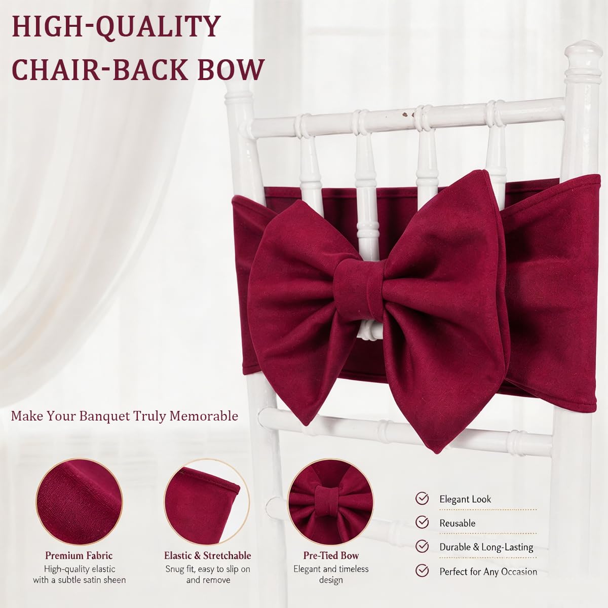Stuhlschärpe Stuhlschleife Elastisch für Hochzeit Bankett 6 Stück | Elegante Stuhldeko, elastische Passform, samtige Optik, kein Binden nötig, für Hochzeit, Empfang, Festsaal und Events