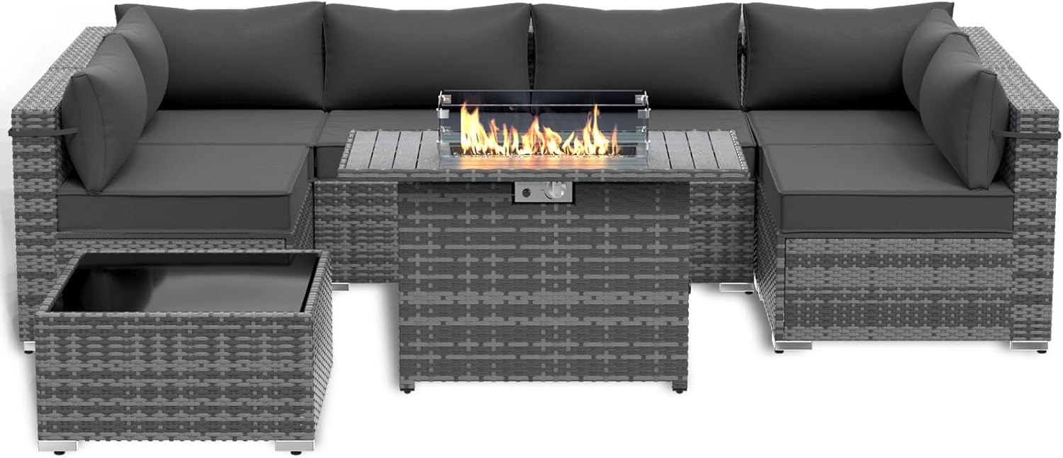 Diagram showing detailed product dimensions for the sofa, fire pit table, and coffee table